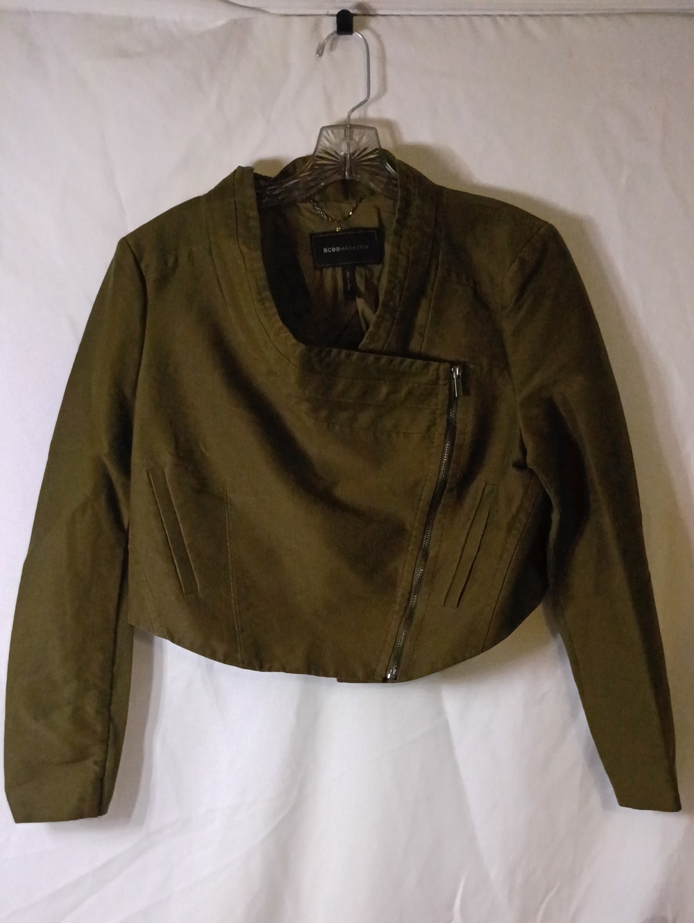 BCBGMaxAzria Olive Cropped Asymmetrical Zip Jacket